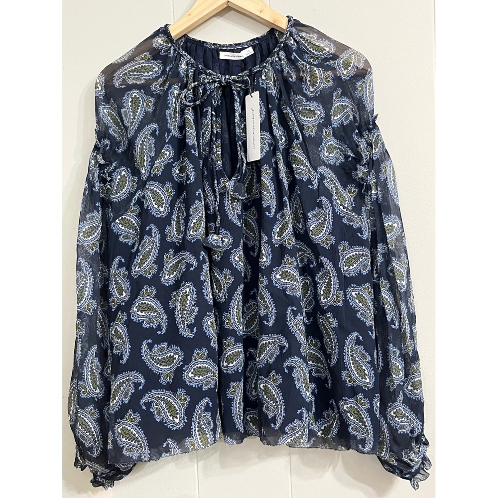 Womens Navy Paisley Tie-Neck Blouse